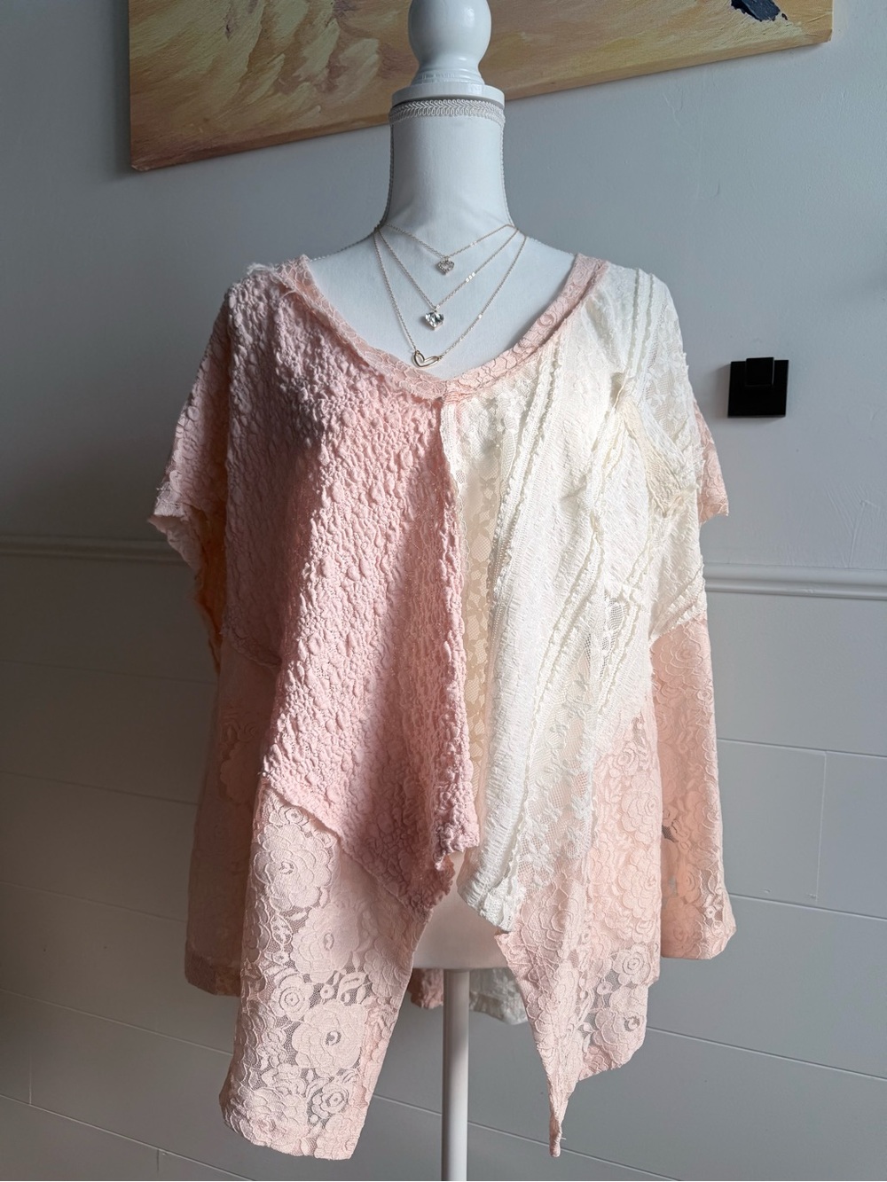 POL S Pink Ivory Lace Patchwork Oversized Boho Sharkbite Top